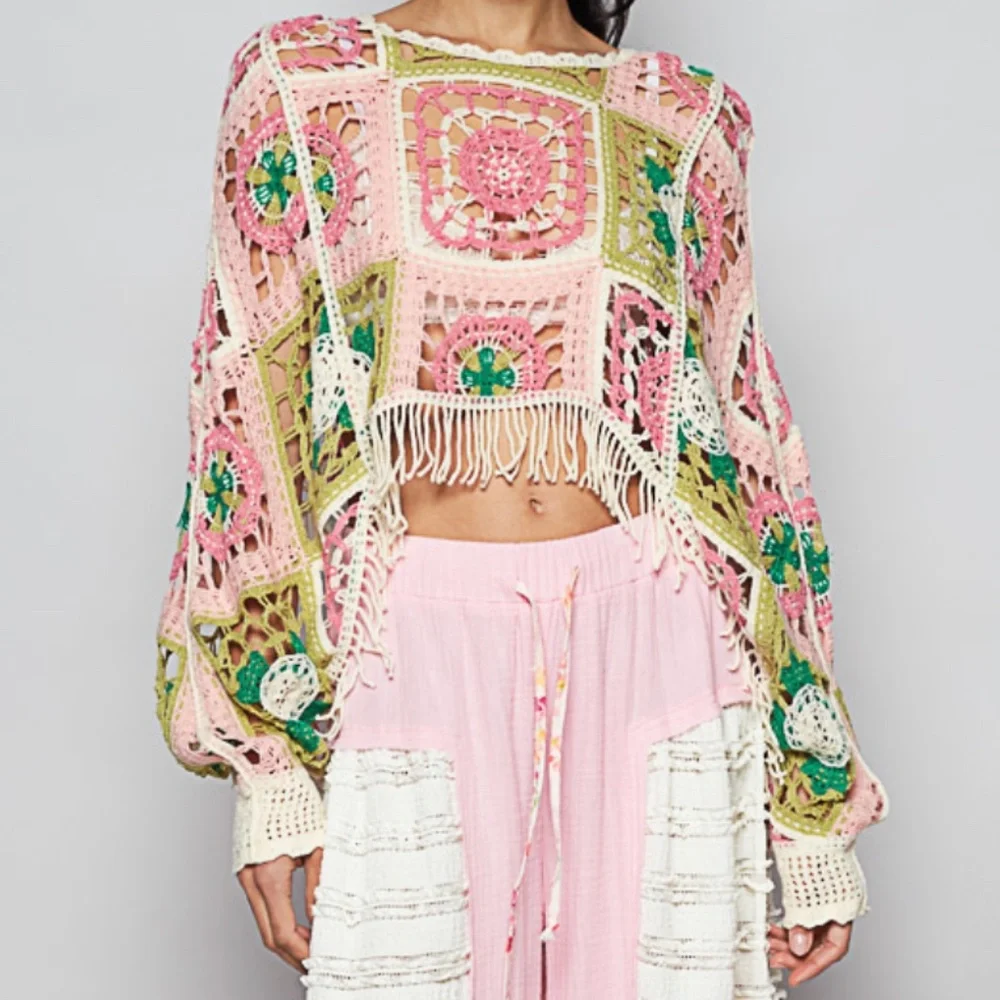 POL Multicolor Granny Square Fringe Hem Open Bottom Sweater Top - Picture 2 of 5